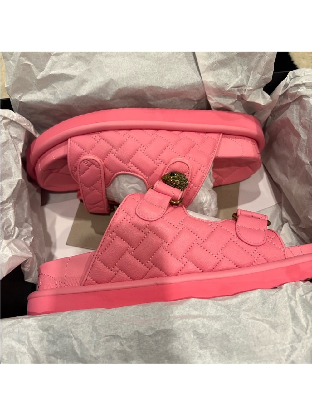Kurt Geiger Quilted Bubblegum Pink Slide Sandals with Gold Accent